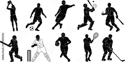 Silhouette vector set of athletes playing cricket, soccer, football, baseball, tennis, and hockey for sports design and fitness content