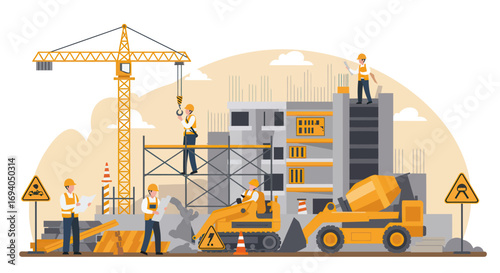 Construction Site with Workers and Machinery.