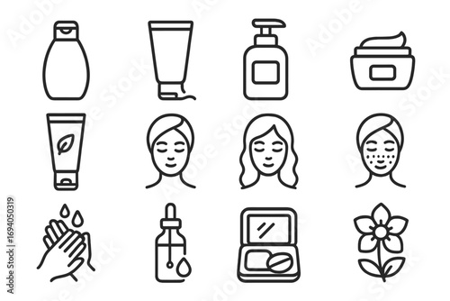 Shampoo gel lotion cream skin care beauty line icons set. Minimalistic linear pictograms for web graphic design, apps, banners, social media, cards, cosmetics, personal care.