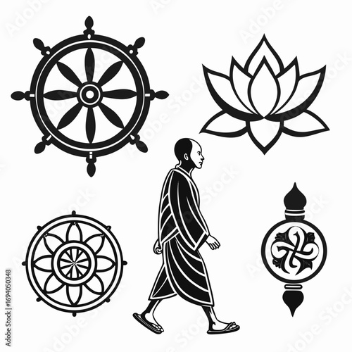 Buddhist monk walking dharma wheel lotus symbol vector