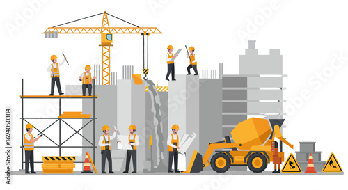 Construction Site with Workers Crane and Cement Mixer Illustration.