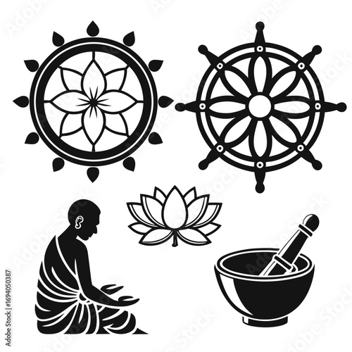Buddhist symbols meditation lotus mortar pestle dharma wheel