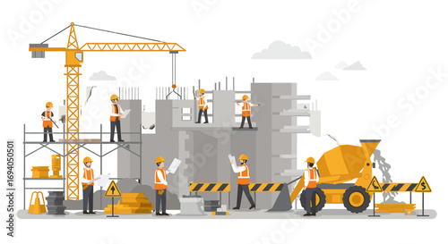 Construction workers building a large structure.