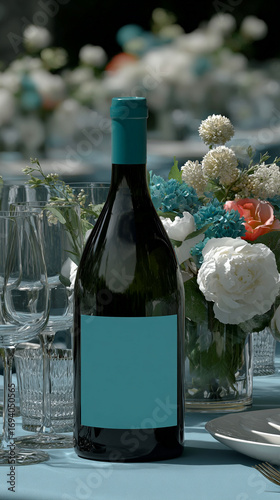 romantic wedding reception table, soft pastel colors, wine bottle with a blank label