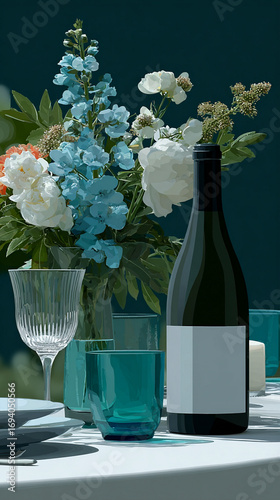 romantic wedding reception table, soft pastel colors, wine bottle with a blank label