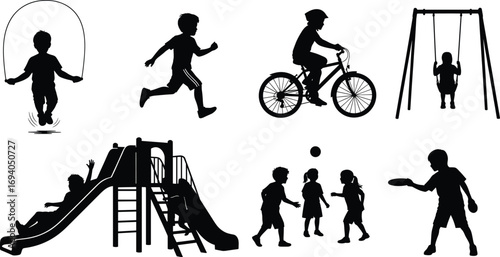 Children silhouettes playing outdoors in various activities including sports, cycling, jumping rope, swinging, sliding, and social interaction for stock use.