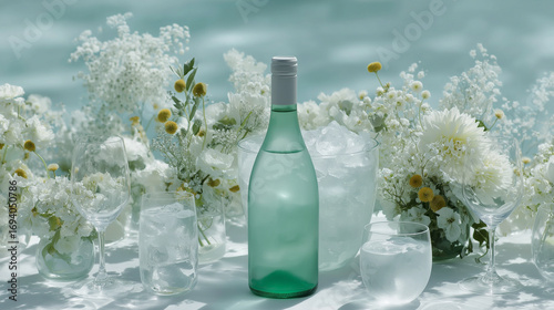 romantic wedding reception table, soft pastel colors, wine bottle with a blank label