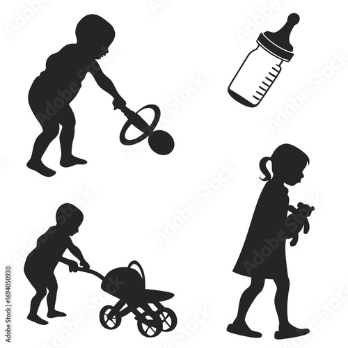 Children playing with baby items toddler silhouette