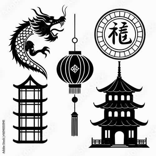 Chinese dragon pagoda lantern and symbol silhouette
