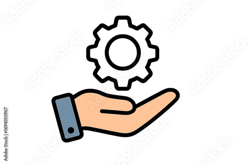 Conceptual vector icon of hand holding gear, service and support symbol, technology and settings illustration, maintenance and apps design, simple cartoon graphic with transparent background