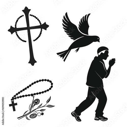 Christian icons praying dove cross rosary vector