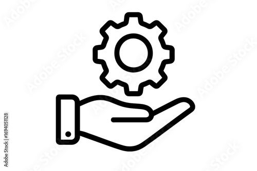 Simple vector icon of gear above open hand symbolizing service, support, settings, technology concept, application interface, minimalist design, transparent background