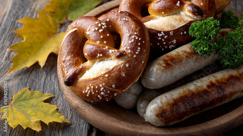 soft pretzels and grilled sausages on a wooden table, autumn leaves scattered