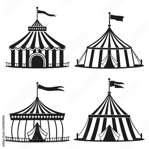 Circus tents with flags silhouette black and white