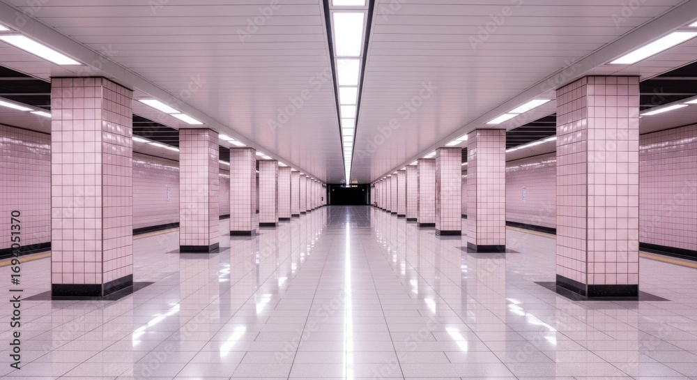 Obraz premium Modern Subway Station Architecture with Rows of Pillars and Bright Lighting
