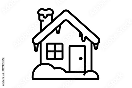 Cozy winter snow-covered house with icicles and chimney. Vector cartoon illustration of snowy home in winter season with transparent background for web, books, cards, and apps.