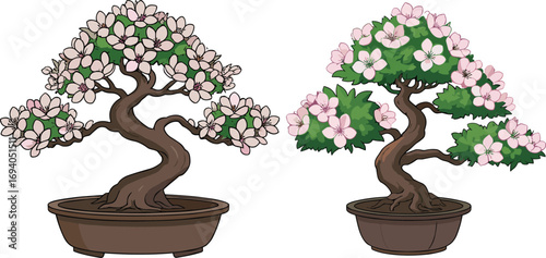 Two beautiful bonsai trees with lush green leaves and delicate pink cherry blossoms, artistic potted plants, natural miniature gardens, floral spring decorations