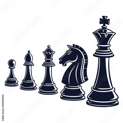 Dark chess pieces lined up king queen