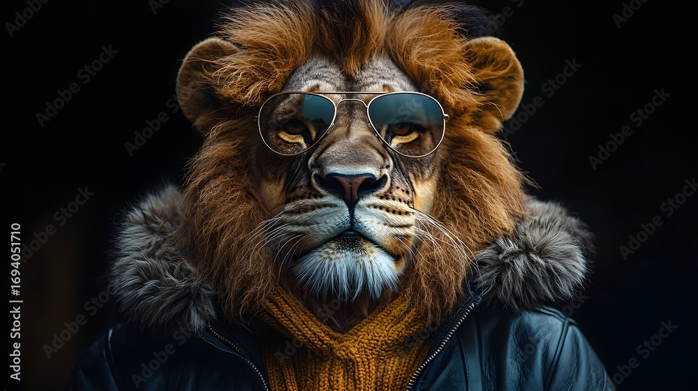 Fototapeta premium Stylish lion with aviator sunglasses knitted sweater and leather jacket exuding confidence against a dark background