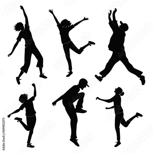 Diverse people dancing joyfully black silhouettes jumping