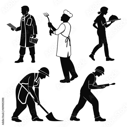 Diverse professions depicted in silhouette doctor chef