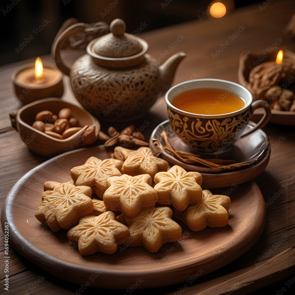Fototapeta premium A comforting and cozy teatime scene featuring star-shaped homemade cookies, hot tea in a traditional cup, and warm candlelight