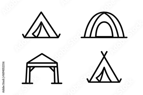 Modern Tent Outline Icons Set for Design, Cards, Apps, and Social Networks, Vector Cartoon Illustration with Transparent Background, Camping, Outdoor Shelter Symbols Collection