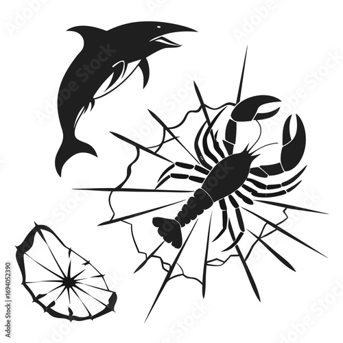 Dolphin lobster and shattered glass graphic scorpion