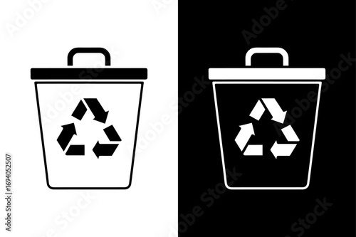 Zero Waste Recycle Bin Icon on Black and White Background.