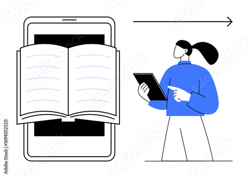 Open book laid over a smartphone symbolizes e-books while a woman reads and gestures with a tablet. Ideal for education, e-learning, online books, technology learning, reading apps, publishing