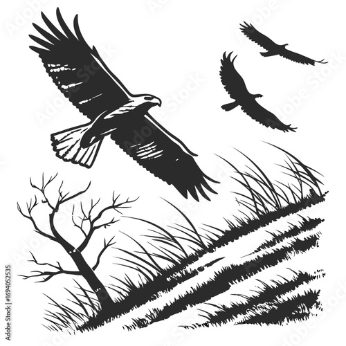 Eagles soaring over barren tree and grass birds flying