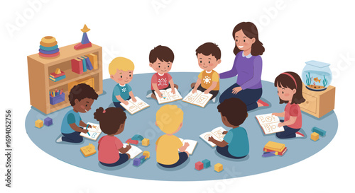 Diverse children and teacher learning together in a vibrant classroom setting.