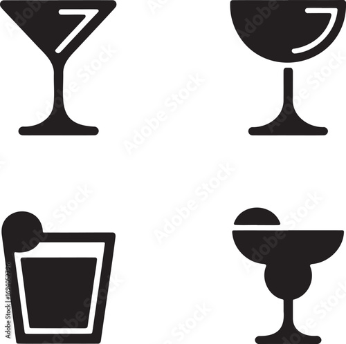 Black Silhouettes of Cocktail Glasses – Martini, Coupe, Highball, and Margarita Icons for Bar Menu and Beverage Design 