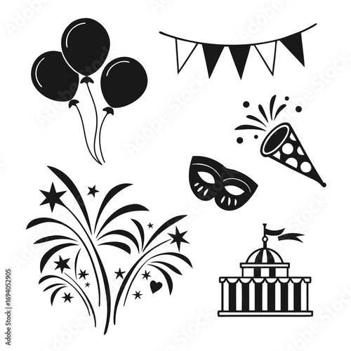 Festival icons balloons bunting mask fireworks party popper building