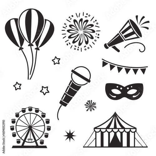 Festival icons balloons microphone mask circus tent