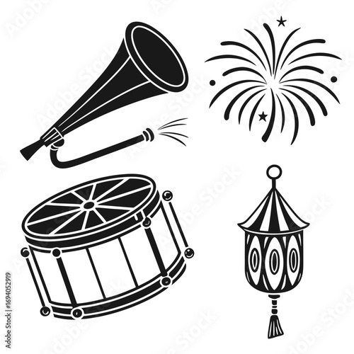Festival items trumpet drum fireworks lantern vector