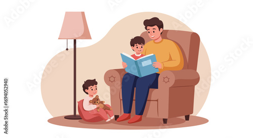 Father reading storybook to his two young sons at home.
