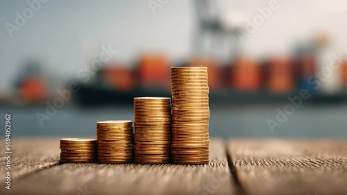 Gold price surge, Gold coin stack price surge with increasing value and financial growth investment on wooden table and blurred cargo ship background