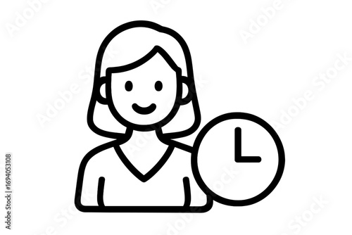Woman with Clock Icon Outline for Graphic Design, Web, Apps, Advertisements, and Digital Cards, Vector Cartoon Illustration Transparent Background, Time Management Concept