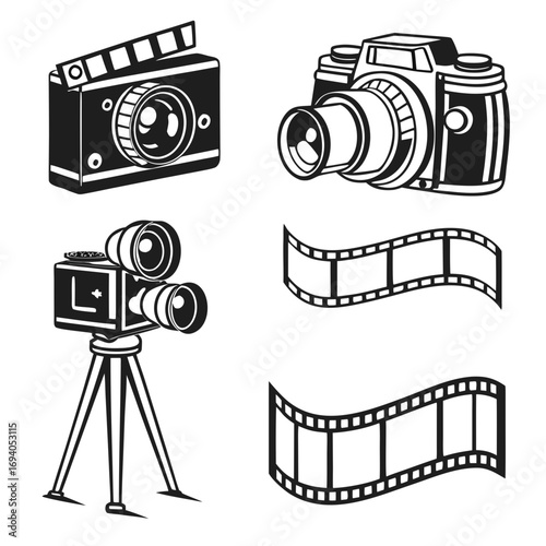 Film camera clapperboard and film strip icons vintage