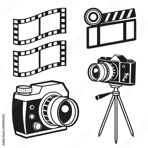 Film reel camera clapperboard tripod icons silhouette