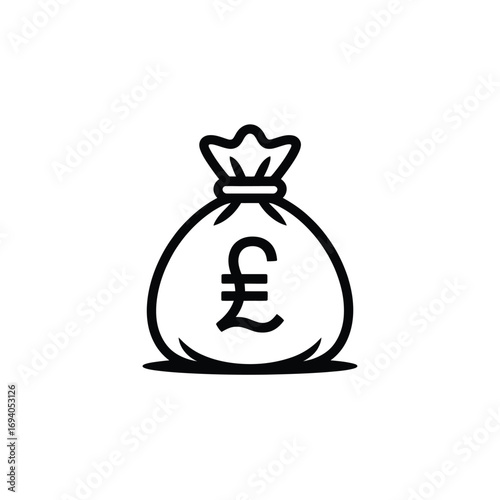 Black and white icon of a money bag with pound sterling symbol
