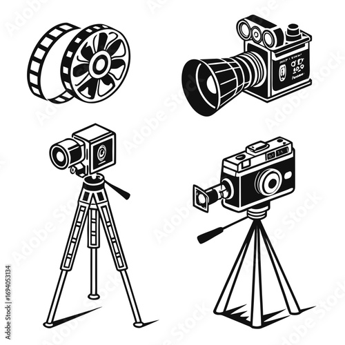 Film reel and camera icons vintage camera movie camera