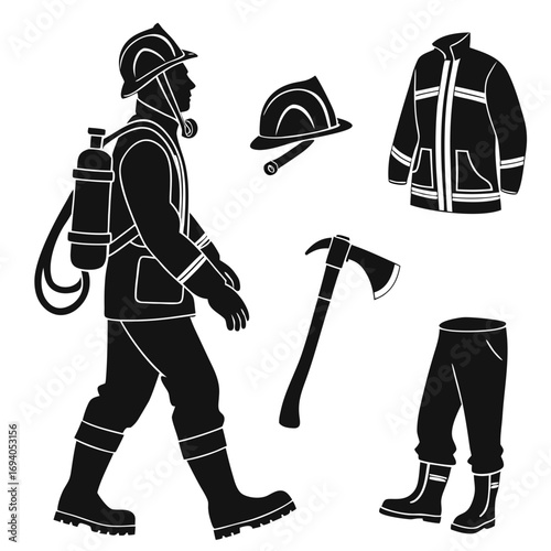 Firefighter gear and equipment silhouettes helmet