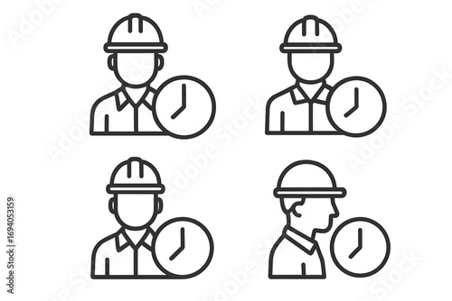 Worker by clock outline icons set. Construction worker with clock time symbol. Simple linear editable stroke vector collection for web, apps, business, and industry design, safety helmet cartoon
