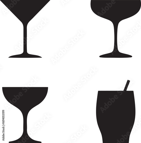 Black Silhouettes of Cocktail Glasses – Martini, Coupe, Highball, and Margarita Icons for Bar Menu and Beverage Design 