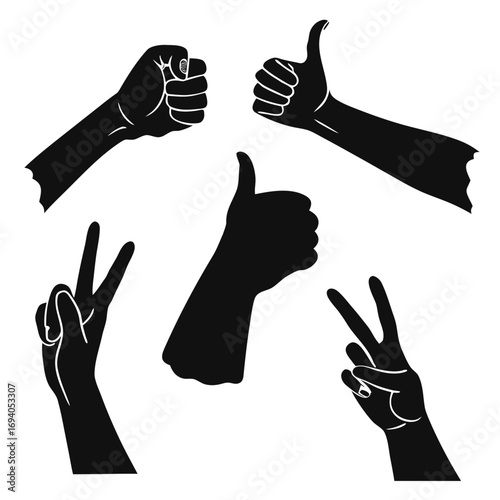 Five black hand gesture silhouettes white