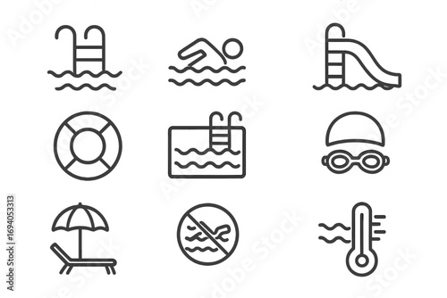 Set of Minimalistic Swimming Pool Line Icons, Linear Pictograms for Web, Apps, Banners, Social Media, Cards, Vector Cartoon Illustrations with Pool Ladder, Slide, Swimmer, Lifebuoy, and Sun Lounger