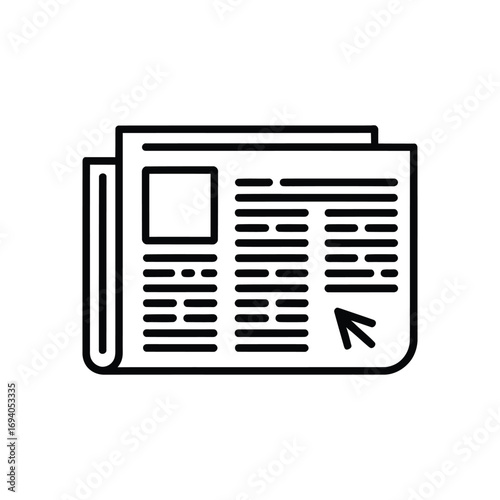 Simple line art icon of an open newspaper with text and arrow