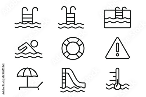 Set of Minimalistic Linear Swimming Pool Icons, Water Slide, Swimmer, Lifebuoy, Safety Warning, Thermometer, Sunbed with Umbrella, Vector Pictogram for Web, Apps, Banners, Cards